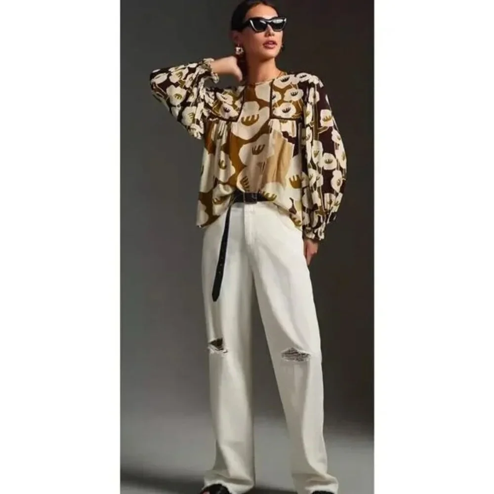 Anthropologie x BL^NK London “Miranda” Peasant Blouse Brown & Ivory Floral XS - Picture 6 of 6